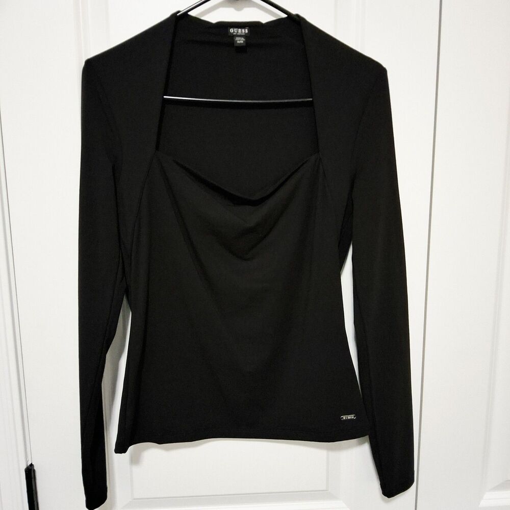Guess Women's Long-Sleeve Square Neckline Black T-shirt Blouse Size Medium